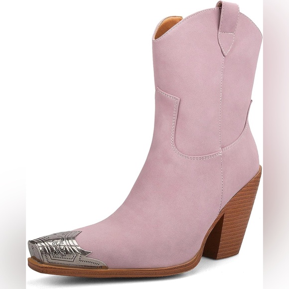Hoan Tiai Lilac Engraved Metal Toe Cowboy Ankle Boots Block Heel Size 7 New - Picture 3 of 12